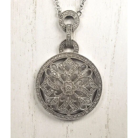 Vintage 925 Sterling Silver w Diamond Circle Cross Hearts Pendant Chain Necklace - Picture 5 of 16